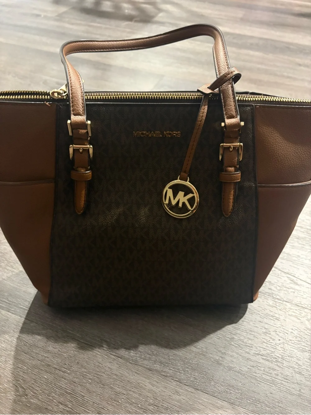 Michael Kors Brown and Tan Logo-Print Tote with Gold MK Charm